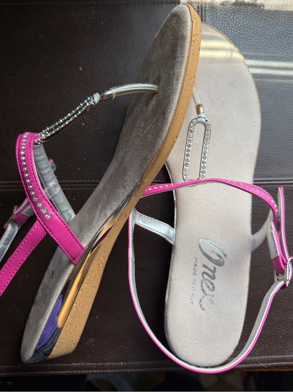 Onex Pink T-Strap Rhinestone Sandals - Picture 2 of 3